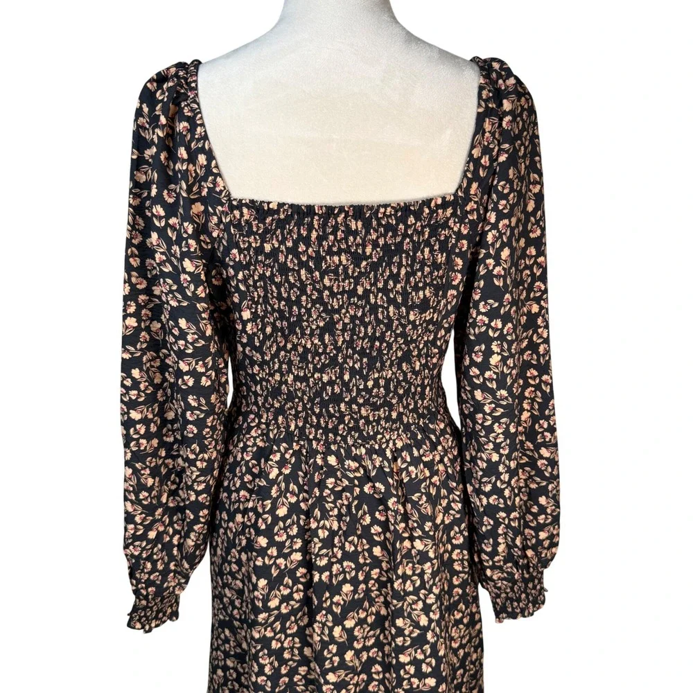 a.n.a Floral Sweetheart Midi Dress Pockets Smocked Balloon Sleeve M Boho Retro - Picture 8 of 16